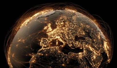 Europe at night with glowing network connections overlayed on the globe