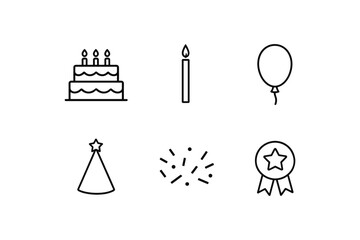 Celebration icons: cake, candle, balloon, party hat, fireworks, award ribbon