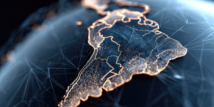 South America outlined in gold on a blue, networked globe