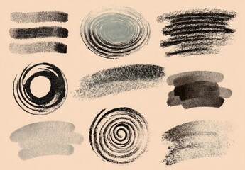 Abstract dark textured brushstrokes and swirls on peach background, artistic design