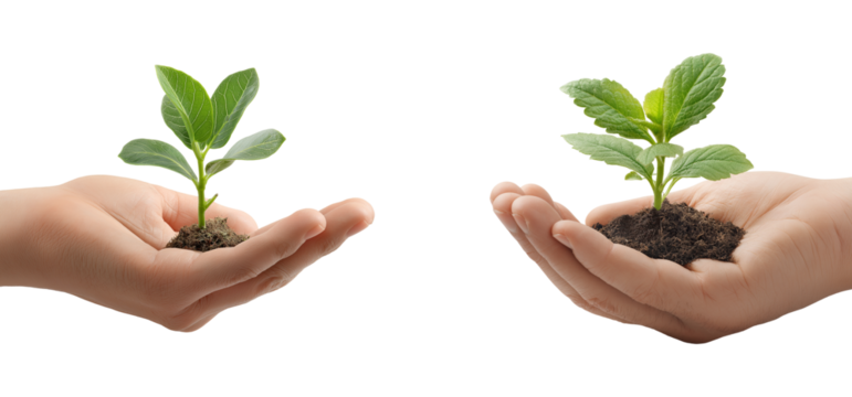 hands holding green seedlings plant growth care isolated on transparent background, in PNG format - Powered by Adobe