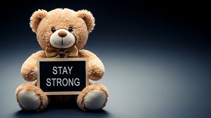 Cute brown teddy bear wearing a gold bow tie holds a small chalkboard message