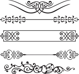 Fototapeta premium Vector set of black vintage decorative elements featuring floral ornaments, scrolls, and ornate swirl patterns for wedding design borders and elegant frame illustration corners