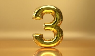 Gleaming gold number three in a bright, reflective studio setting
