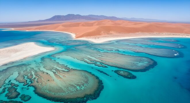 High-angle aerial view of a coastal landscape with turquoise ocean water, coral patterns, sandy beaches, red sand dunes, and distant mountains under clear blue sky. - Powered by Adobe