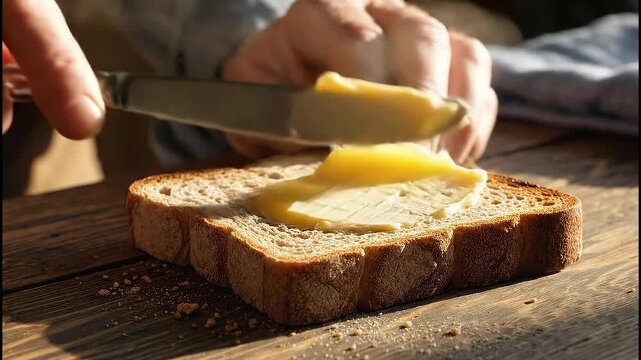 Spreading soft yellow butter generously onto slice of whole grain bread with a knife on rustic wooden table in warm morning light