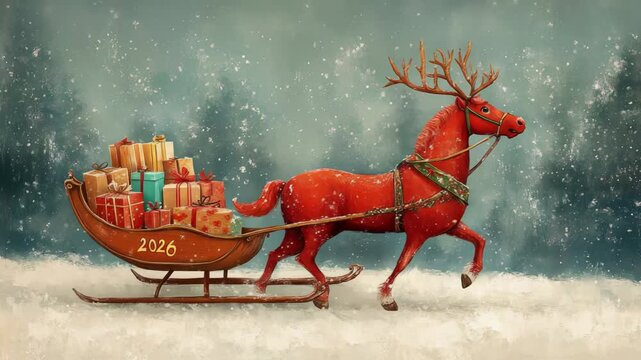 Festive reindeer pulling giftladen sleigh through snowy winter wonderland