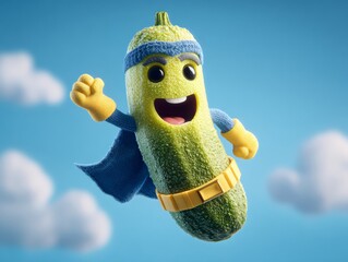 Super cucumber toy superhero character flying in the blue sky, illustration for kids application or website