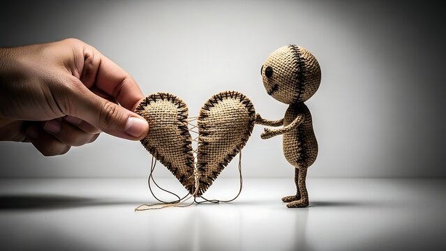 Hand offering heart to voodoo doll