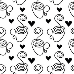 Coffee Cup with Steam and Decorative Hearts Seamless Pattern Coffee Day Greeting or Themed Backdrop. Isolated Vector illustration Coffee drink Thematic Cards Backdrop Banner, leaflets, labels, posters