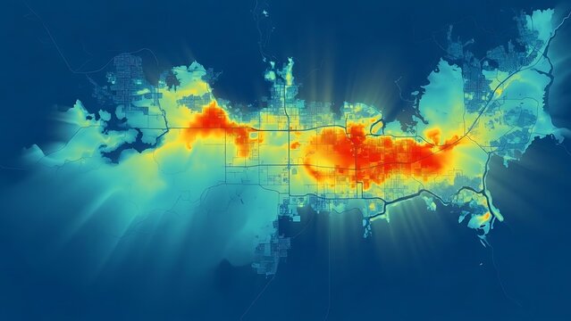 Heatmap Visualization of Urban Area Population Density and Distribution in Coastal City from Top-Down Satellite View