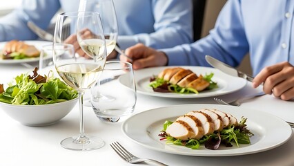 Enjoying a gourmet meal with fine wine