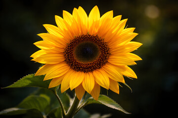Obraz premium Vibrant Yellow Sunflower with Dark Center and Green Leaves, Blooming Outdoors in Natural Sunlight with Soft Bokeh Background