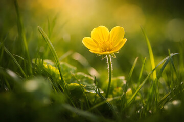 Solitary yellow buttercup flower blooms gently in lush green grass, bathed in warm golden morning sunlight, evoking peaceful nature.