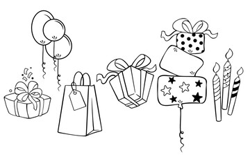 Minimal hand drawn line illustrations of birthday gifts, balloons, candles and party elements. Perfect for greeting cards, gift packaging, invitations, social media posts, event design and festive bra