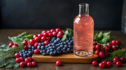 Artistic still life featuring clear glass bottle of pink liquid alongside abundant clusters of blue and red grapes accented with evergreen sprigs on dark rustic surface