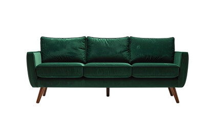 A plush, emerald green sofa with three cushions, set against a black background