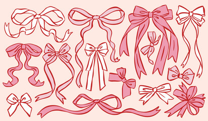 Whimsical bow and ribbon illustration collection in hand-drawn ink sketch style. Cute decorative bows and flowing ribbons for romantic, vintage, and aesthetic design projects.