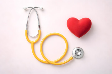 Fototapeta premium A bright yellow stethoscope and a plush red heart are displayed on a clean, light-colored background, symbolizing health and care.