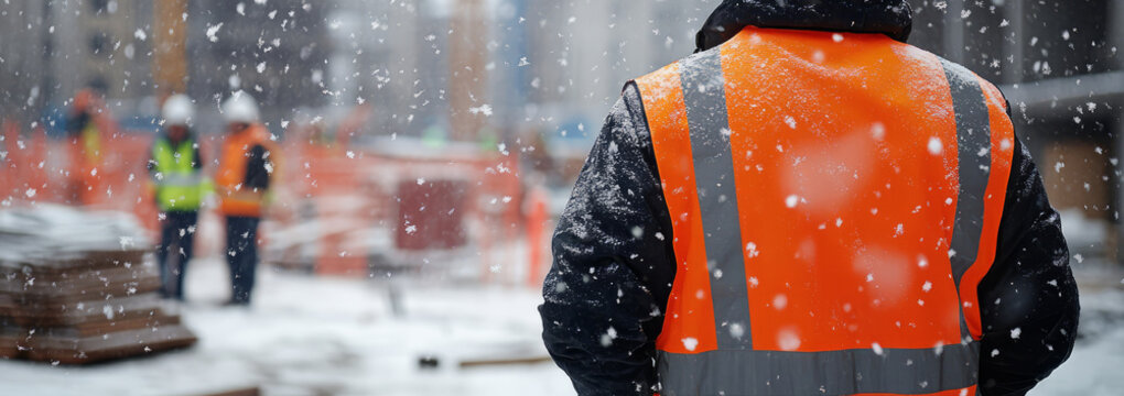  construction worker in an orange vest and helmet stands on a construction site