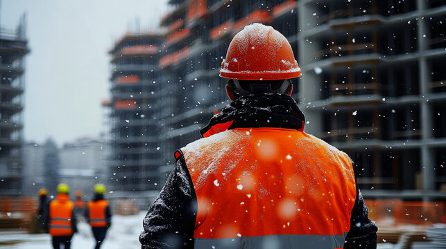  construction worker in an orange vest and helmet stands on a construction site