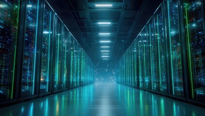 Data center aisle glows with server lights in cool blues and greens