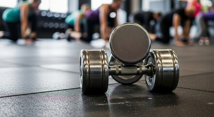 Dumbbell resting on gym floor with fitness class in background  