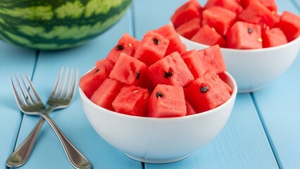 Fresh watermelon chunks in bowls on blue wooden surface evoke summertime pleasure