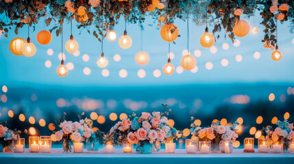 Dreamy outdoor celebration setup illuminated by glowing orange lanterns and decorative Edison bulbs, showcasing delicate rose bouquets and intimate candle lighting at dusk.