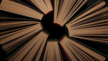 Open books arrangement in a circular pattern against dark background, a concept