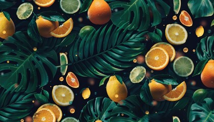 Vibrant tropical leaves and fresh citrus fruit pattern