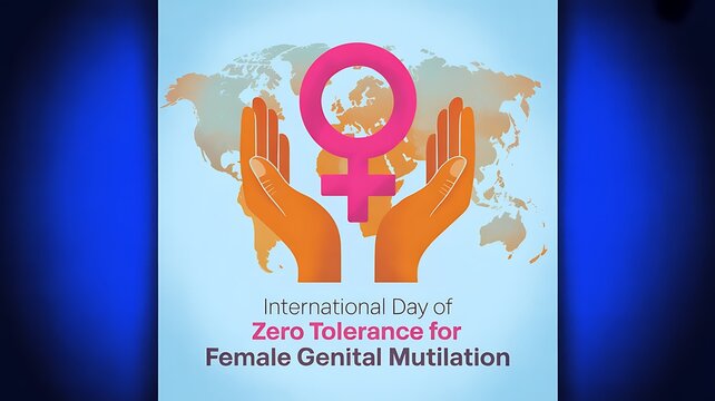 International Day of Zero Tolerance for Female Genital Mutilation Awareness with World Map and Hands