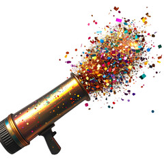 A golden confetti cannon shoots a vibrant explosion of colorful glitter against black