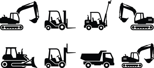 Construction vehicle silhouettes, excavators, forklifts, bulldozer, dump truck, heavy machinery icons, industrial equipment illustration set for building, engineering and logistics © Ashadujjaman