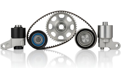 Timing belt and tensioner parts providing motion in synchronous systems illustrated