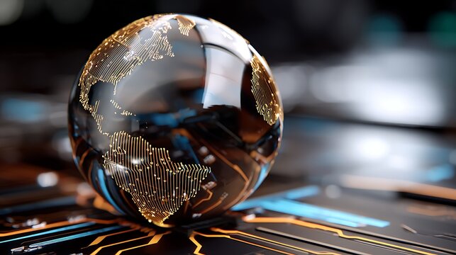 Transparent globe showcasing digital world map with glowing connections - Powered by Adobe