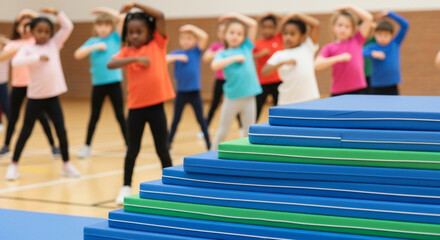 Group of diverse children practicing dance movements in gymnasium  