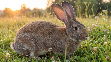 Fototapeta premium A Fluffy Flemish Giant Rabbit Sits in a Grassy Meadow Bathed in Golden Sunset Light
