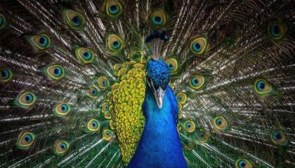 Close up of a vibrant blue and green peacock displaying its iridescent tail feathers in a full fan