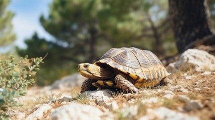 Obraz premium Close-Up of a Terrestrial Turtle on Sunlit Rocky Ground in a Forested Outdoor Habitat