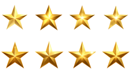 Eight golden, five-pointed stars arranged in two rows on a black background