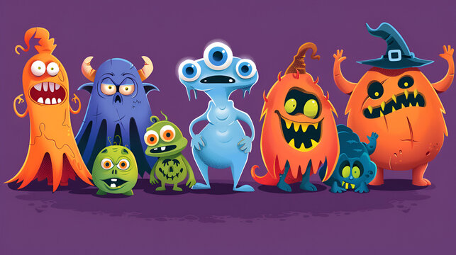 Colorful cartoon monsters for Halloween decoration or kids' party