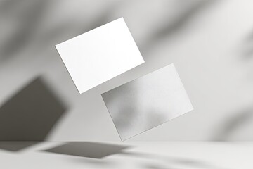 Two white cards float against a wall with leaf shadows. Clean presentation