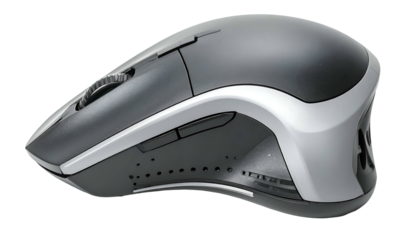 Angled shot of a wireless computer mouse with grey and silver accents on a black background