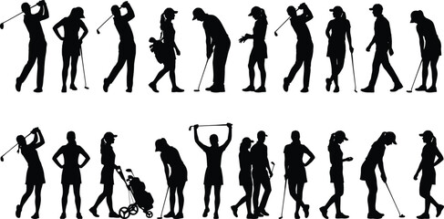 Obraz premium Golf player silhouette collection, female and male golfer poses, sports activity icons, swing and putting actions for fitness, recreation, competition, and training design