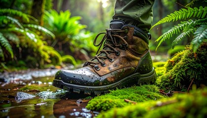 Hiking boot standing on mossy forest floor near water puddle.