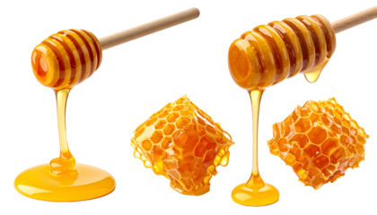 Golden honey dippers dripping, beside two pieces of honeycomb against a black backdrop