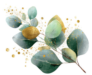 A delicate arrangement of eucalyptus leaves, accented with gold glitter