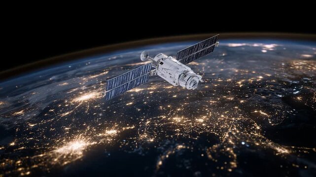 7A sleek satellite glides above Earth, orbiting over the curvature of the planet bathed in a golden atmospheric glow, highlighting global connectivity and advanced space technology