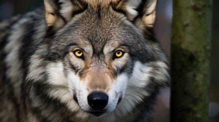 Obraz premium Close-Up Portrait of a Gray Wolf With Intense Amber Eyes Beneath a Forest Shadow